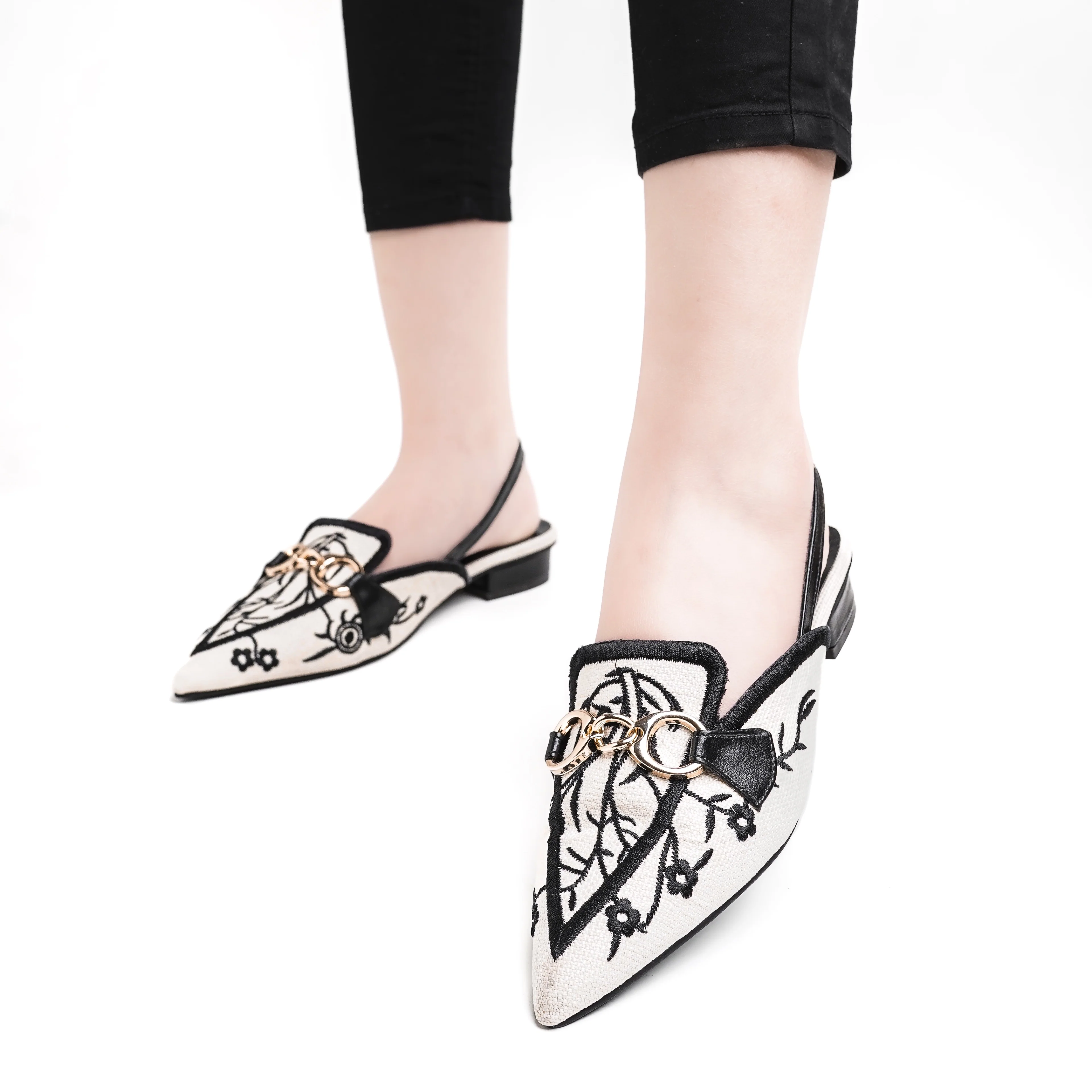 Canvas Floral Embroidered Chain Slingback Black - Image 2