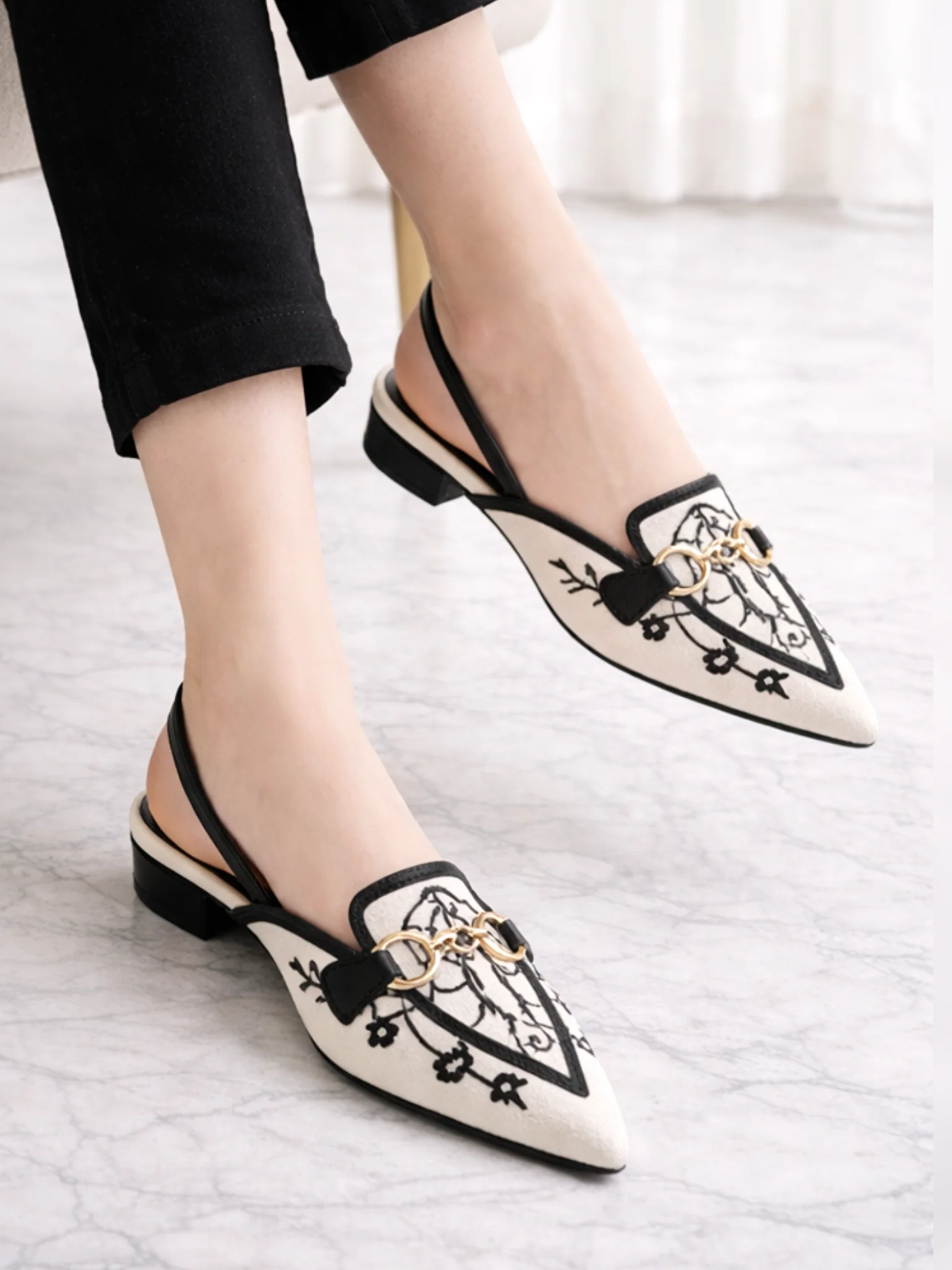 Canvas Floral Embroidered Chain Slingback Black - Image 3