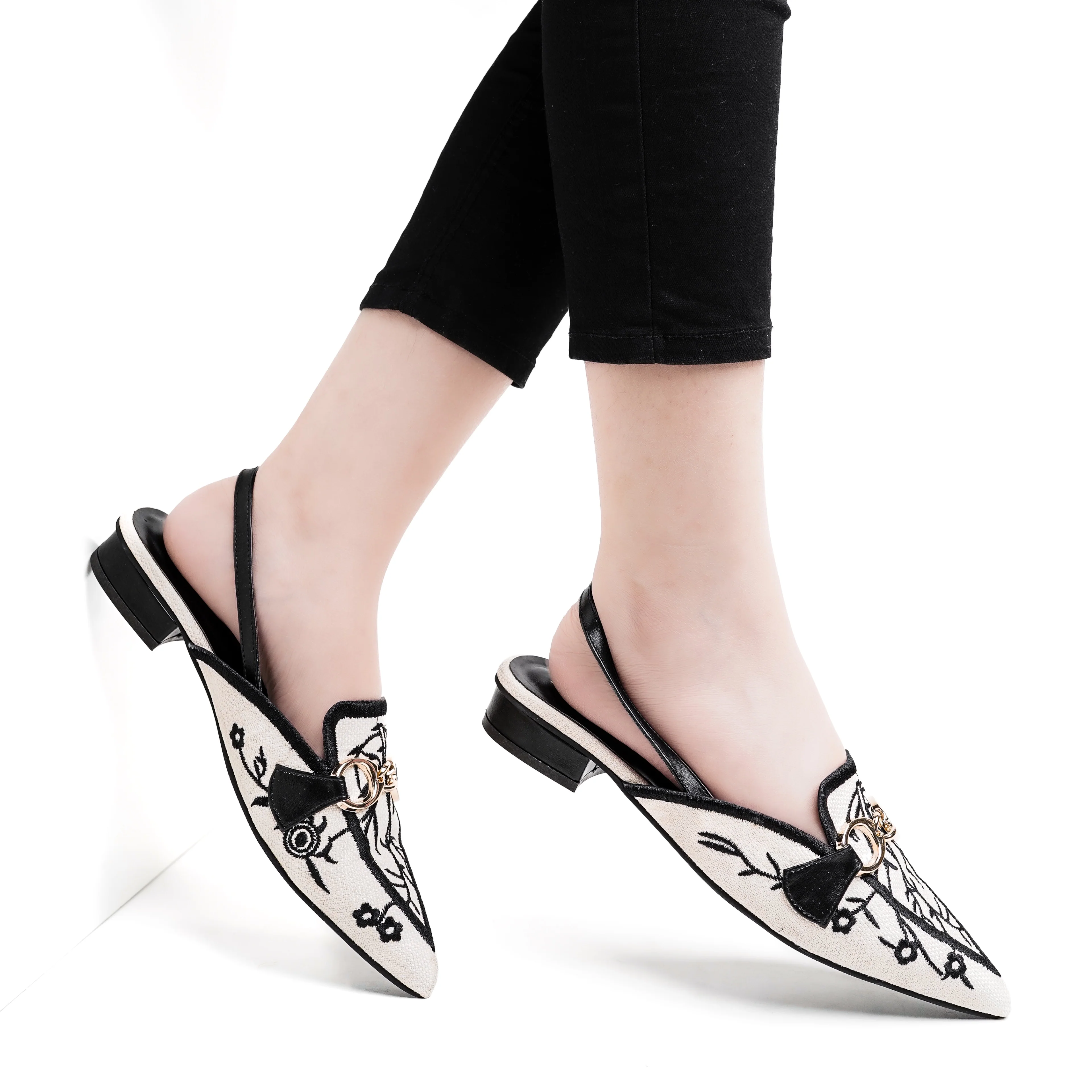 Canvas Floral Embroidered Chain Slingback Black - Image 9